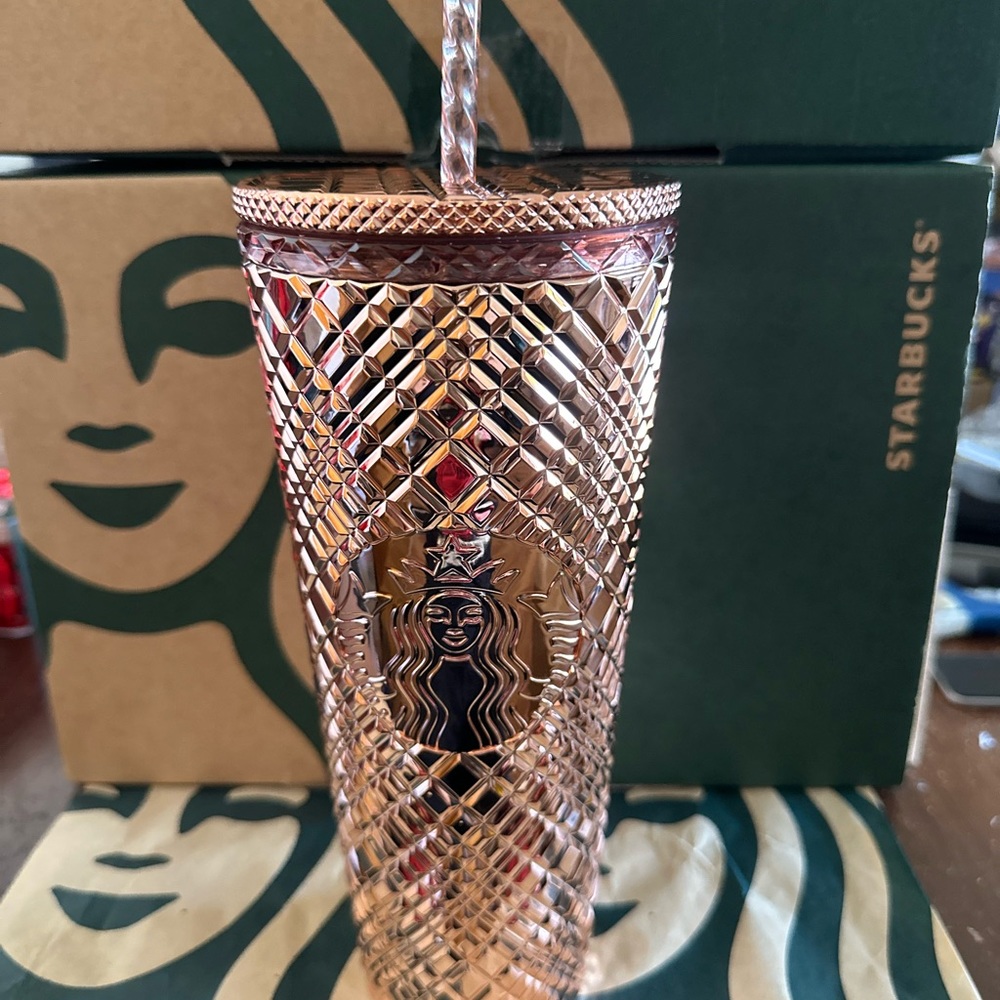 Starbucks Tumbler Chrome Rose Gold Jeweled - Holiday 2023 - Venti 24oz - Picture 1 of 5